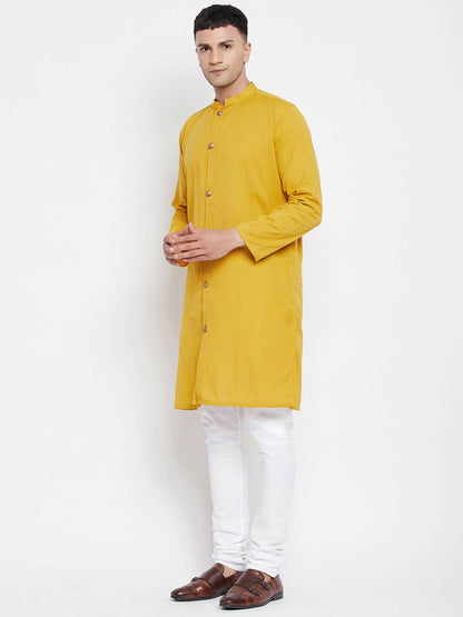 Even Apparels Yellow Pure Cotton Men's Sherwani Kurta With Open Front