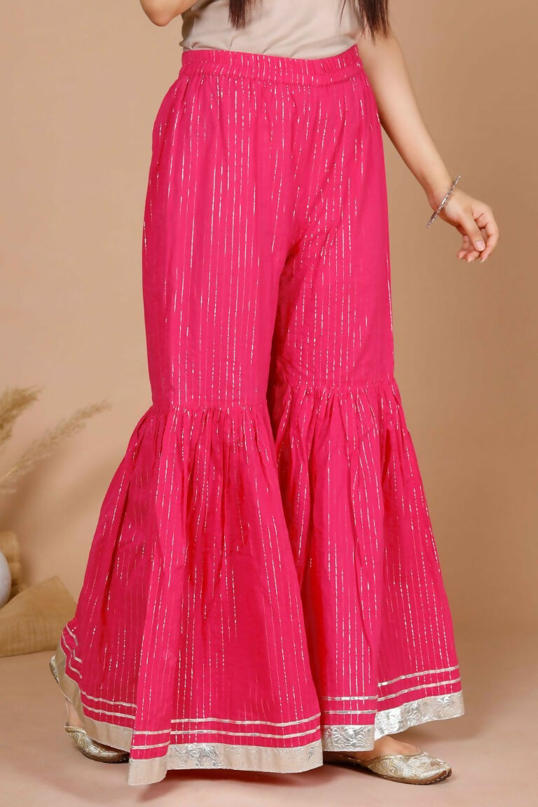 Miravan Women's Pink Printed A-Line Gotta Patti Lurex Cotton Kurti With Sharara