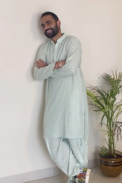 Pista Green Mirror Work Designer Kurta by Hilo Design