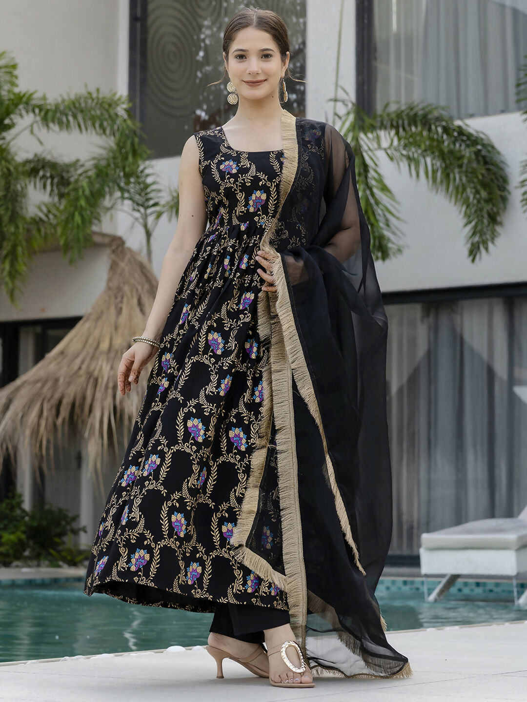 The52 Black Women's Gorgeous Printed Muslin Fabric Flared Kurta Pant and Dupatta Set