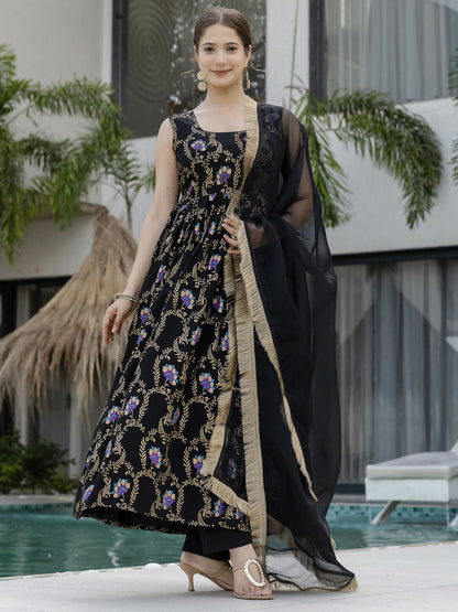 The52 Black Women's Gorgeous Printed Muslin Fabric Flared Kurta Pant and Dupatta Set