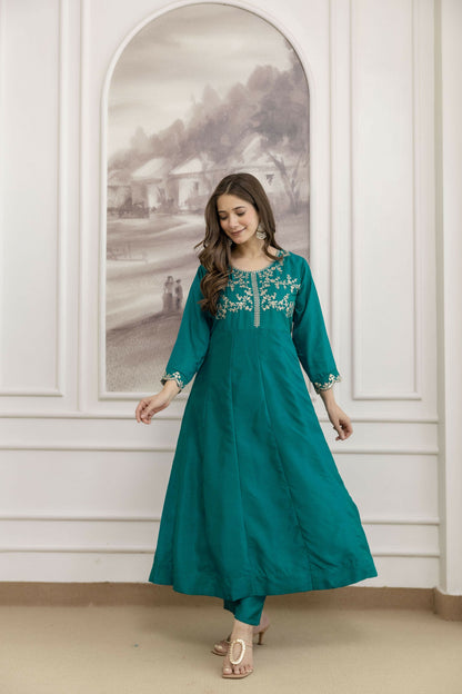 The52 Rama Women's Beautiful Vichitra Silk Fabric Embroidered Work Flared Anarkali Pant and Dupatta Set