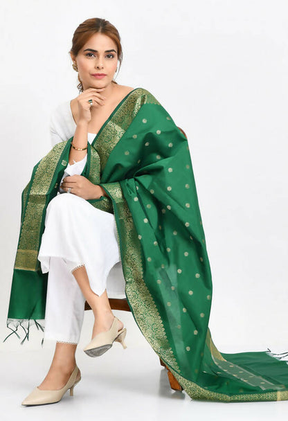 Mominos Fashion Moeza Women's Banarsi Silk Woven Design Green Dupatta