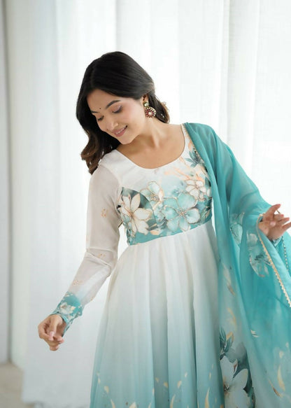 Teeya Creation Aquablue Color Soft organza Silk Digital Print Party Wear Gown