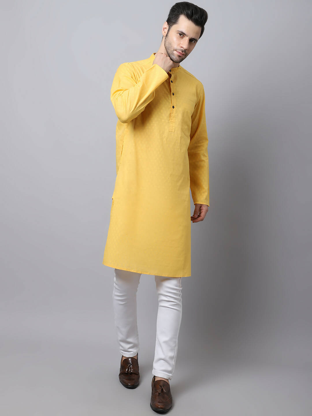 Even Apparels Yellow Pure Cotton Men's Kurta With Band Collar (SLD1183)