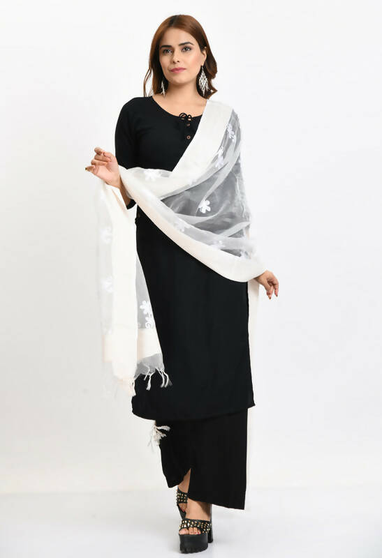 Mominos Fashion Moeza Women's Orgenza All Over Chikan Work White Dupatta