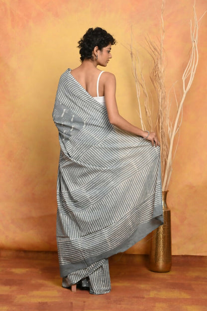 Very Much Indian Handblock Printed Cotton Saree With Natural Dyes - Grey