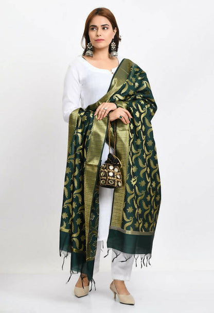 Mominos Fashion Moeza Women's Banarsi Silk Floral Woven Design Bottle Green Dupatta