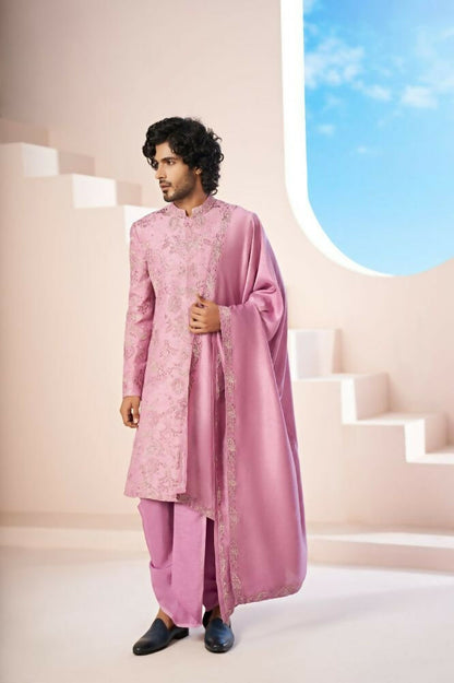 Majestic Orchid Falling Raw Silk Sherwani Set With Intricate Embroidery And Draped Dupatta by Hilo Design