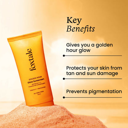 Foxtale Glow Sunscreen SPF 50 PA++++ Lightweight With Vitamin C And Niacinamide For a Dewy Glow, UVA And UVB Filters Prevents Tan