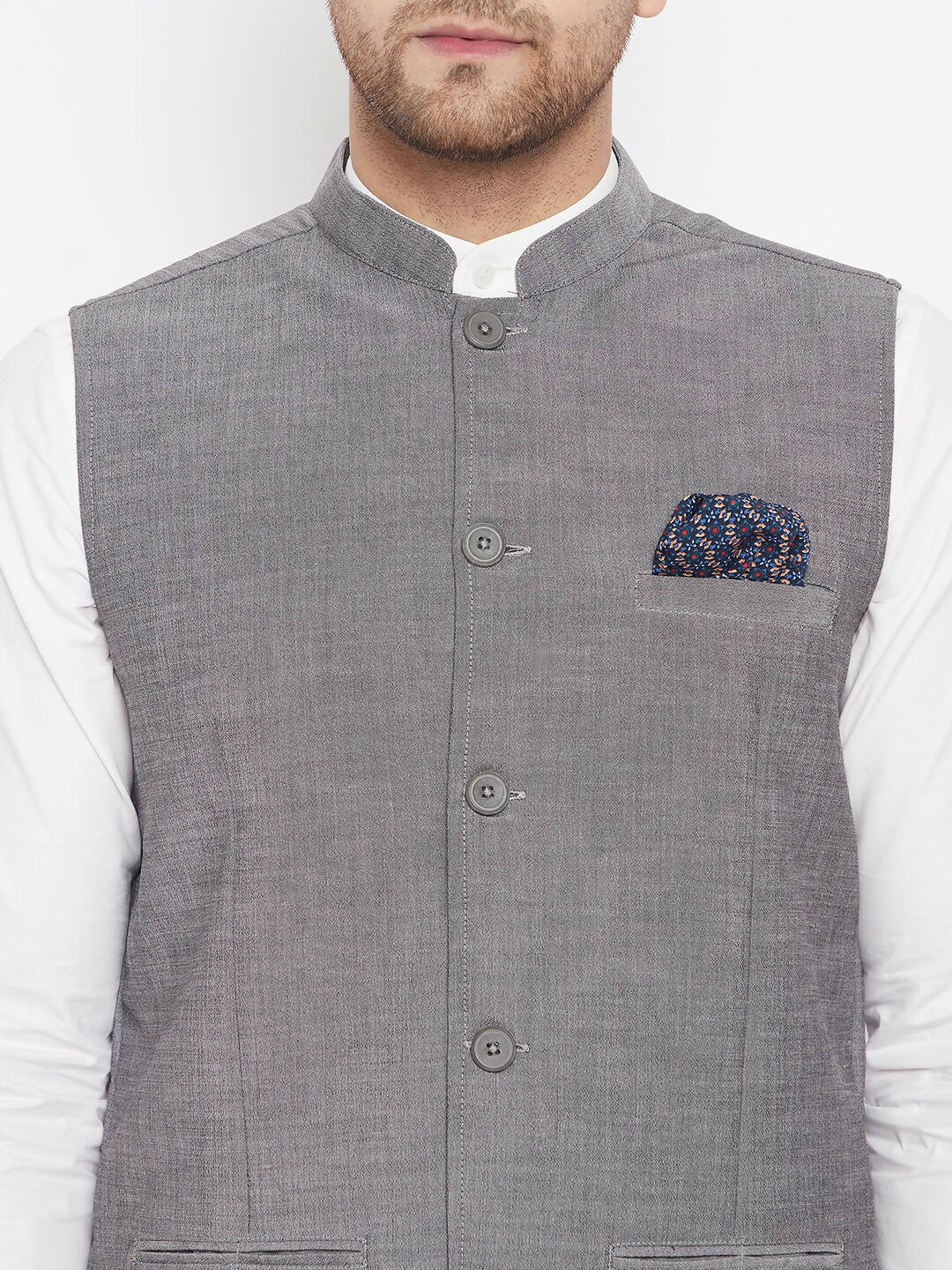 Even Apparels Grey Merino Men's Nehru Jacket-Contrast Lining-Free Pocket Square PW690