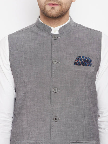 Even Apparels Grey Merino Men's Nehru Jacket-Contrast Lining-Free Pocket Square PW690
