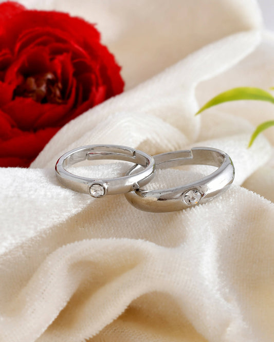 VOJ Stainless Steel Cubic Zirconia Silver Plated Adjustable Ring Set for Couple