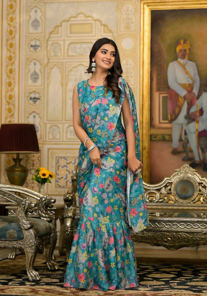 Partywear Designer Teal Slime Georgette Fancy Saree - Anbazaar
