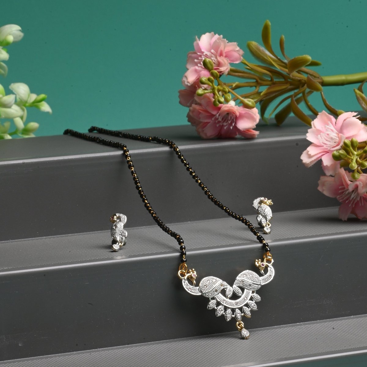 AanyaCentric Ad Short Mangalsutra Set Pendant with Earrings Golden