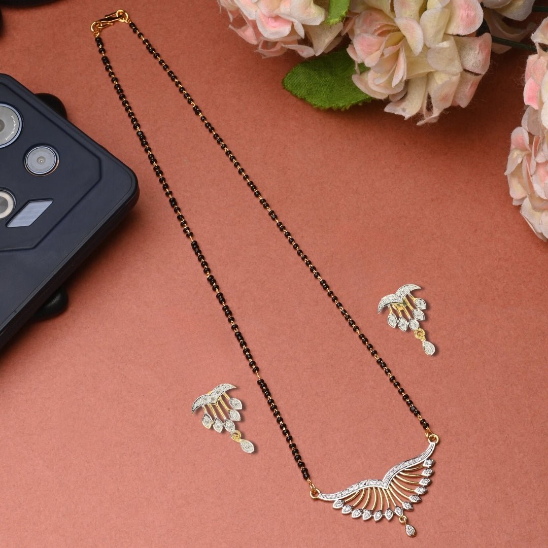 AanyaCentric Ad Short Mangalsutra Set Pendant with Earrings Golden