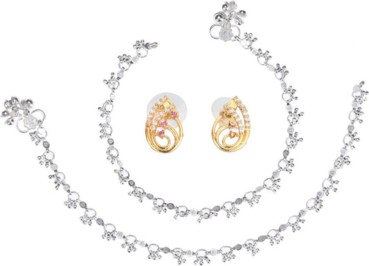AanyaCentric Stylish Silver Plated Anklet & Gold-Polished American Diamond Earring Combo for Girls & Women