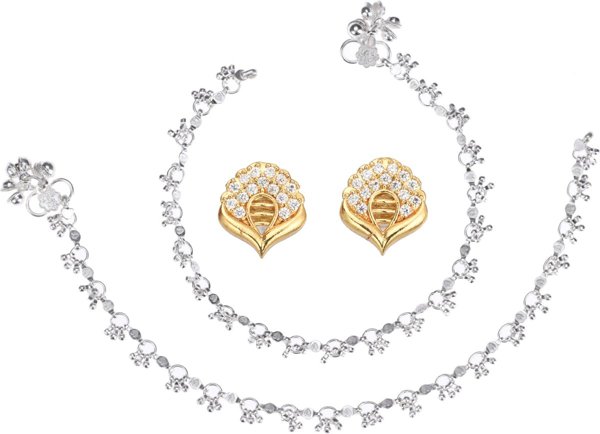 AanyaCentric Stylish Silver Plated Anklet & Gold-Polished American Diamond Earring Combo for Girls & Women