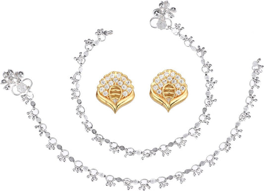 AanyaCentric Stylish Silver Plated Anklet & Gold-Polished American Diamond Earring Combo for Girls & Women