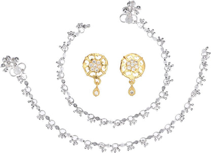 AanyaCentric Stylish Silver Plated Anklet & Gold-Polished American Diamond Earring Combo for Girls & Women