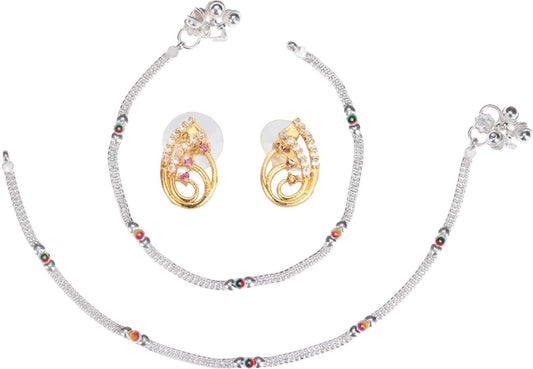 AanyaCentric Stylish Silver Plated Anklet & Gold-Polished American Diamond Earring Combo for Girls & Women