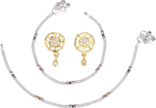 AanyaCentric Stylish Silver Plated Anklet & Gold-Polished American Diamond Earring Combo for Girls & Women