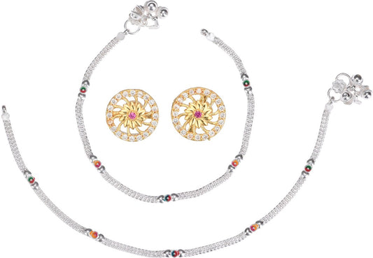 AanyaCentric Stylish Silver Plated Anklet & Gold-Polished American Diamond Earring Combo for Girls & Women