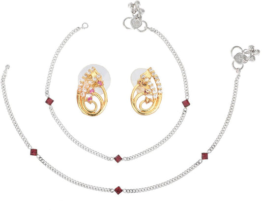 AanyaCentric Stylish Silver Plated Anklet & Gold-Polished American Diamond Earring Combo for Girls & Women