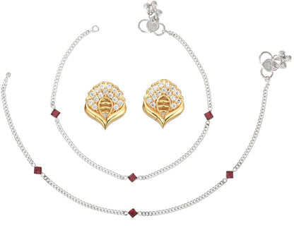 AanyaCentric Stylish Silver Plated Anklet & Gold-Polished American Diamond Earring Combo for Girls & Women