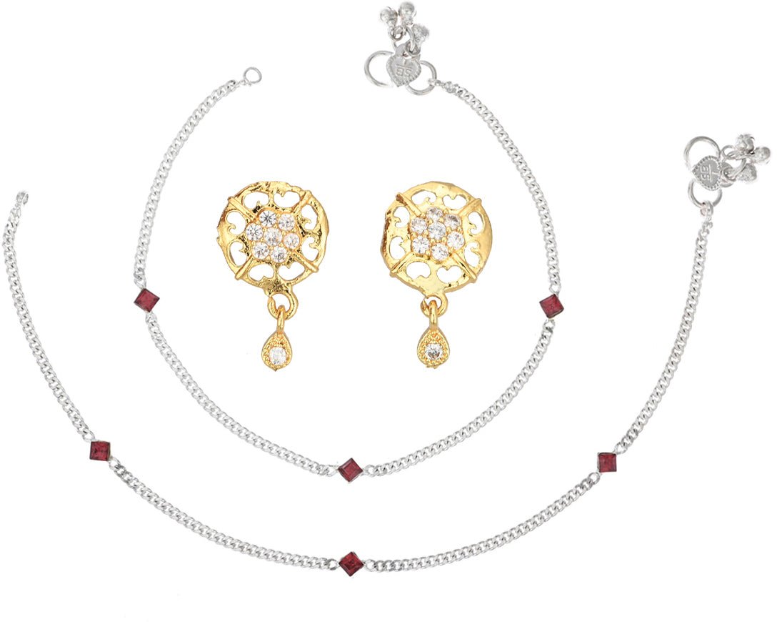 AanyaCentric Stylish Silver Plated Anklet & Gold-Polished American Diamond Earring Combo for Girls & Women