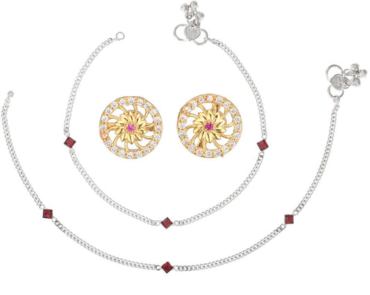 AanyaCentric Stylish Silver Plated Anklet & Gold-Polished American Diamond Earring Combo for Girls & Women
