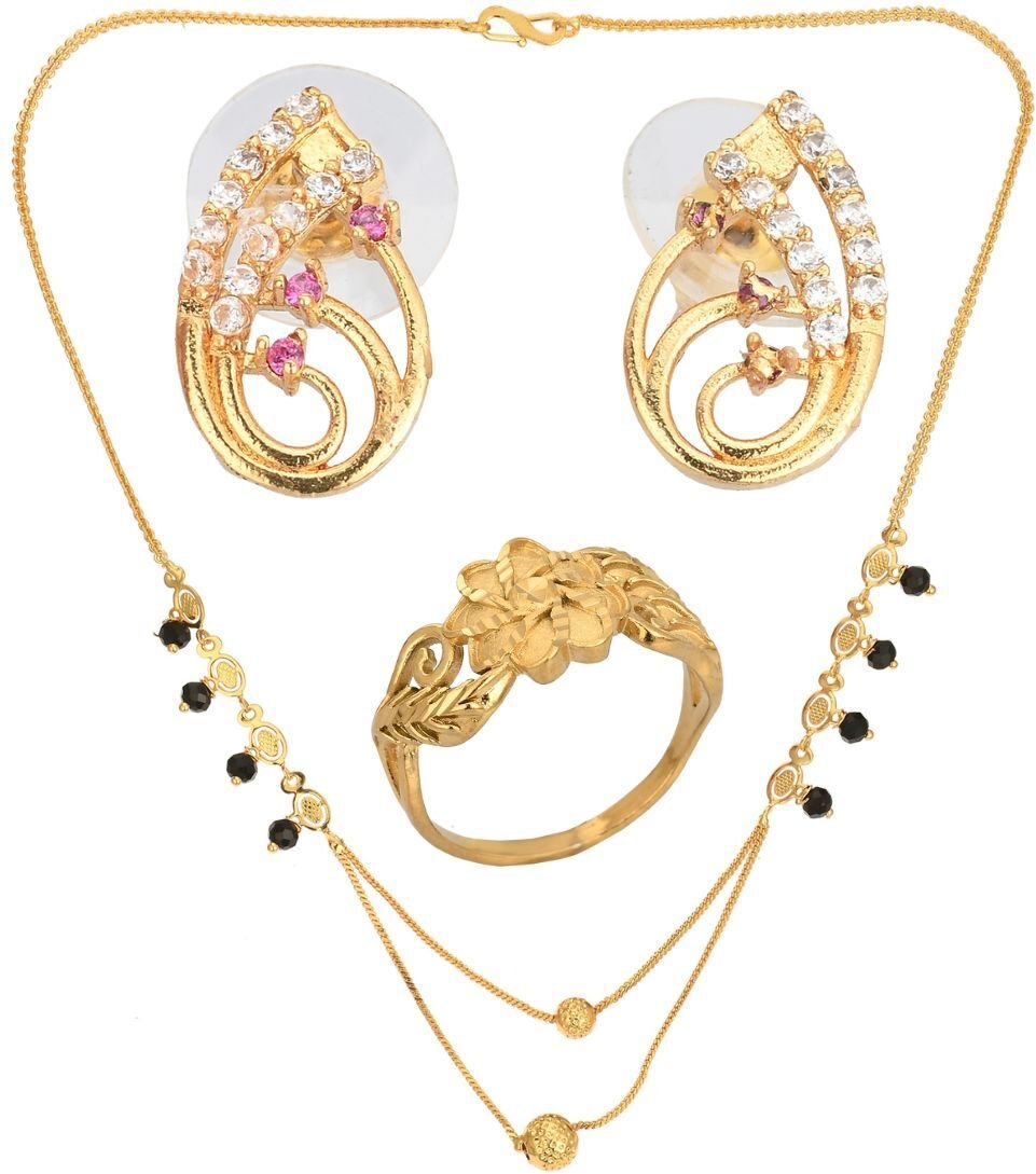 AanyaCentric Gold-Polished Jewelry Combo: Elegant Short Mangalsutra, Finger Ring, and American Diamond Earrings Set