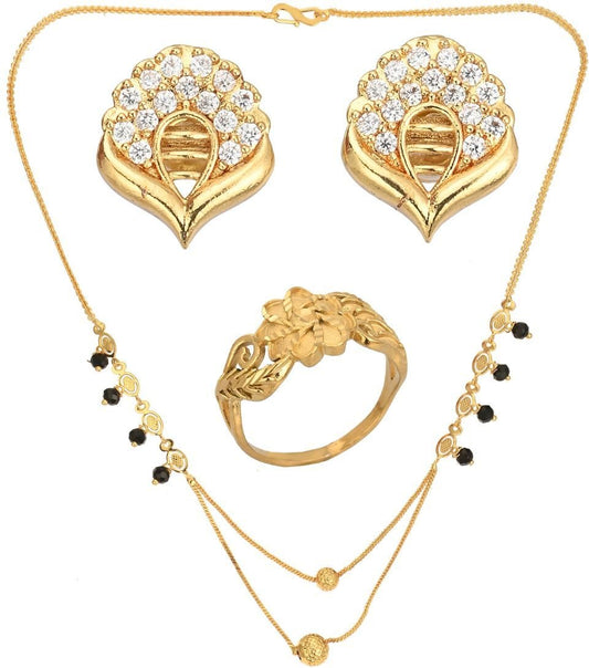 AanyaCentric Gold-Polished Jewelry Combo: Elegant Short Mangalsutra, Finger Ring, and American Diamond Earrings Set
