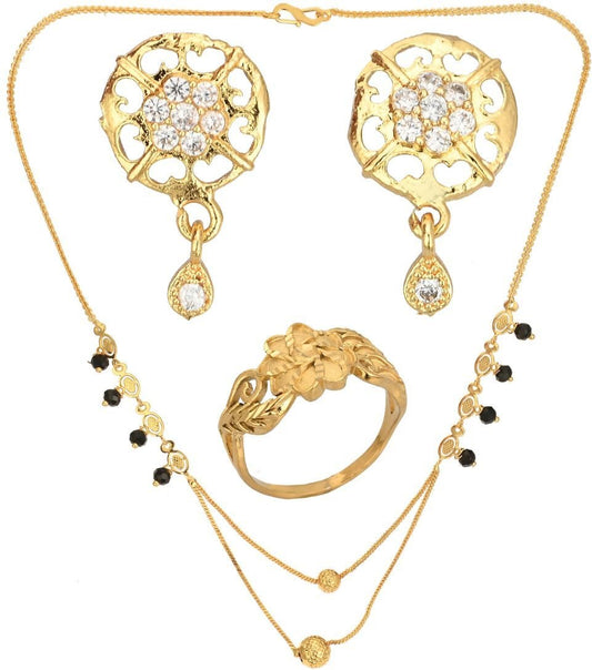 AanyaCentric Gold-Polished Jewelry Combo: Elegant Short Mangalsutra, Finger Ring, and American Diamond Earrings Set