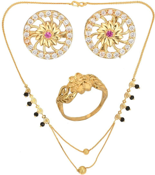 AanyaCentric Gold-Polished Jewelry Combo: Elegant Short Mangalsutra, Finger Ring, and American Diamond Earrings Set