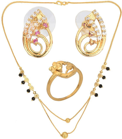 AanyaCentric Gold-Polished Jewelry Combo: Elegant Short Mangalsutra, Finger Ring, and American Diamond Earrings Set