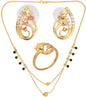 AanyaCentric Gold-Polished Jewelry Combo: Elegant Short Mangalsutra, Finger Ring, and American Diamond Earrings Set