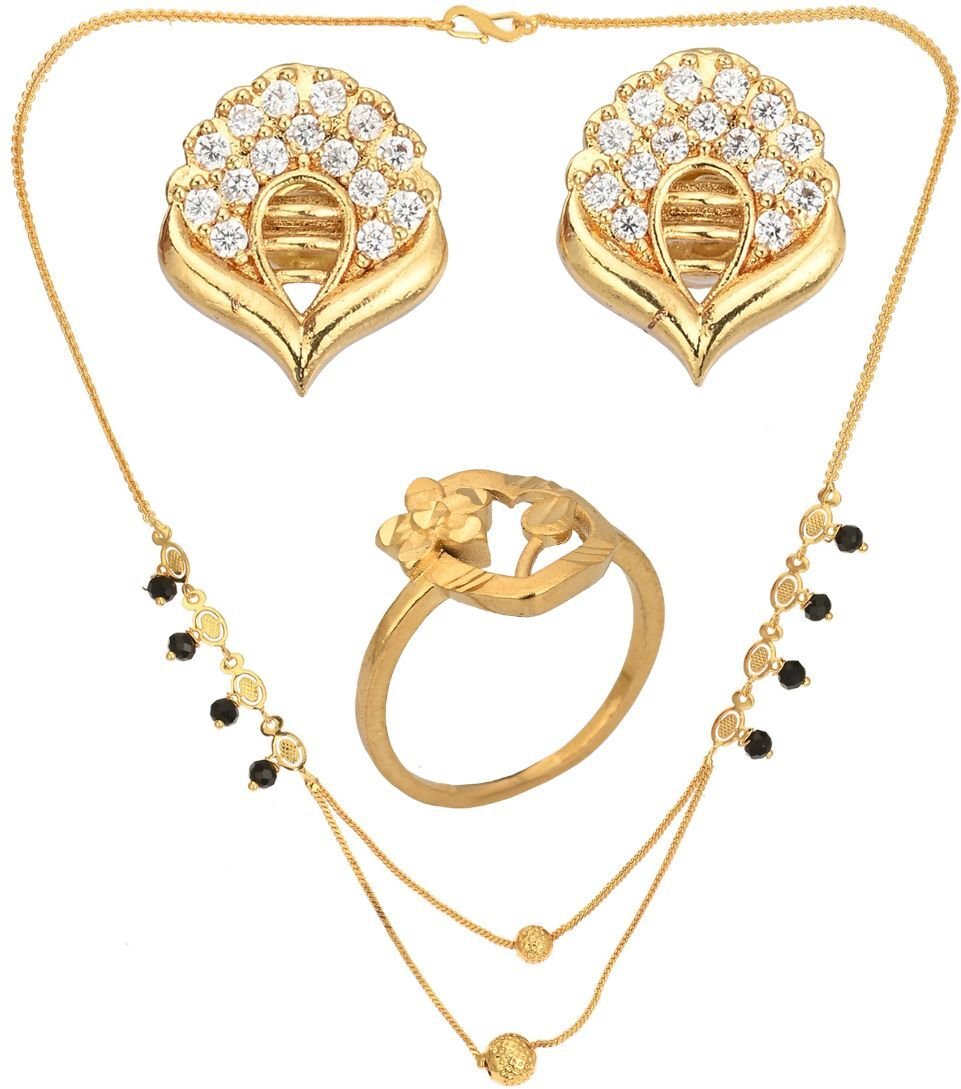 AanyaCentric Gold-Polished Jewelry Combo: Elegant Short Mangalsutra, Finger Ring, and American Diamond Earrings Set