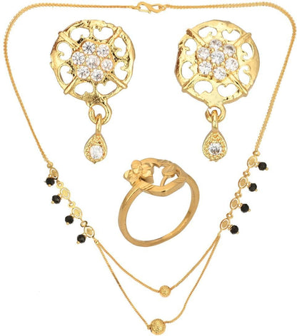AanyaCentric Gold-Polished Jewelry Combo: Elegant Short Mangalsutra, Finger Ring, and American Diamond Earrings Set