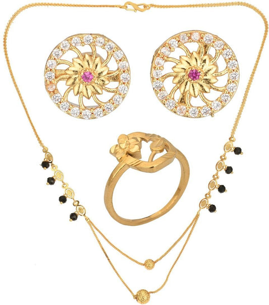 AanyaCentric Gold-Polished Jewelry Combo: Elegant Short Mangalsutra, Finger Ring, and American Diamond Earrings Set