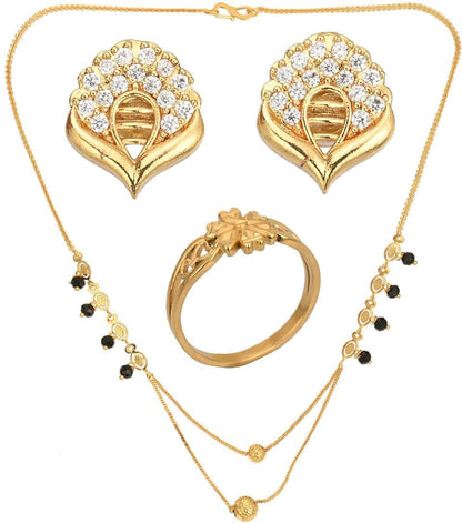AanyaCentric Gold-Polished Jewelry Combo: Elegant Short Mangalsutra, Finger Ring, and American Diamond Earrings Set