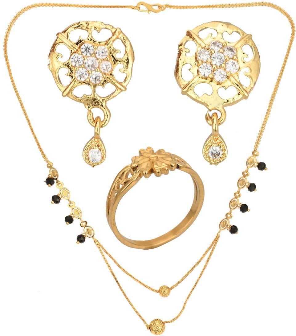 AanyaCentric Gold-Polished Jewelry Combo: Elegant Short Mangalsutra, Finger Ring, and American Diamond Earrings Set