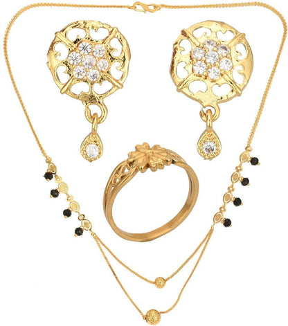 AanyaCentric Gold-Polished Jewelry Combo: Elegant Short Mangalsutra, Finger Ring, and American Diamond Earrings Set