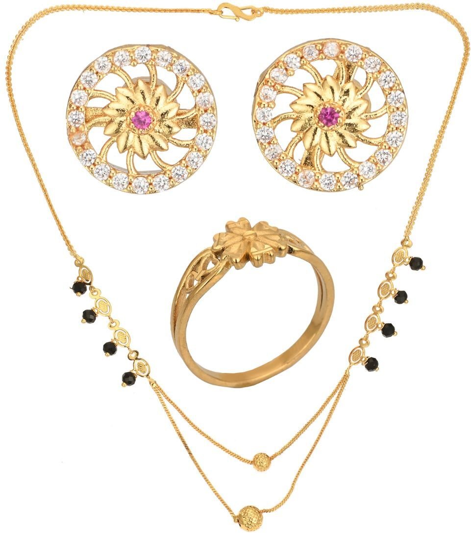AanyaCentric Gold-Polished Jewelry Combo: Elegant Short Mangalsutra, Finger Ring, and American Diamond Earrings Set