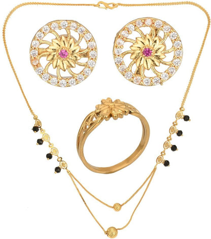AanyaCentric Gold-Polished Jewelry Combo: Elegant Short Mangalsutra, Finger Ring, and American Diamond Earrings Set