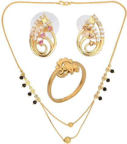 AanyaCentric Gold-Polished Jewelry Combo: Elegant Short Mangalsutra, Finger Ring, and American Diamond Earrings Set