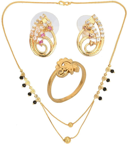 AanyaCentric Gold-Polished Jewelry Combo: Elegant Short Mangalsutra, Finger Ring, and American Diamond Earrings Set