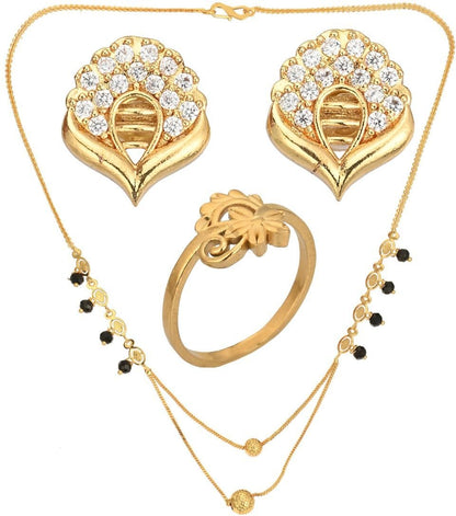 AanyaCentric Gold-Polished Jewelry Combo: Elegant Short Mangalsutra, Finger Ring, and American Diamond Earrings Set
