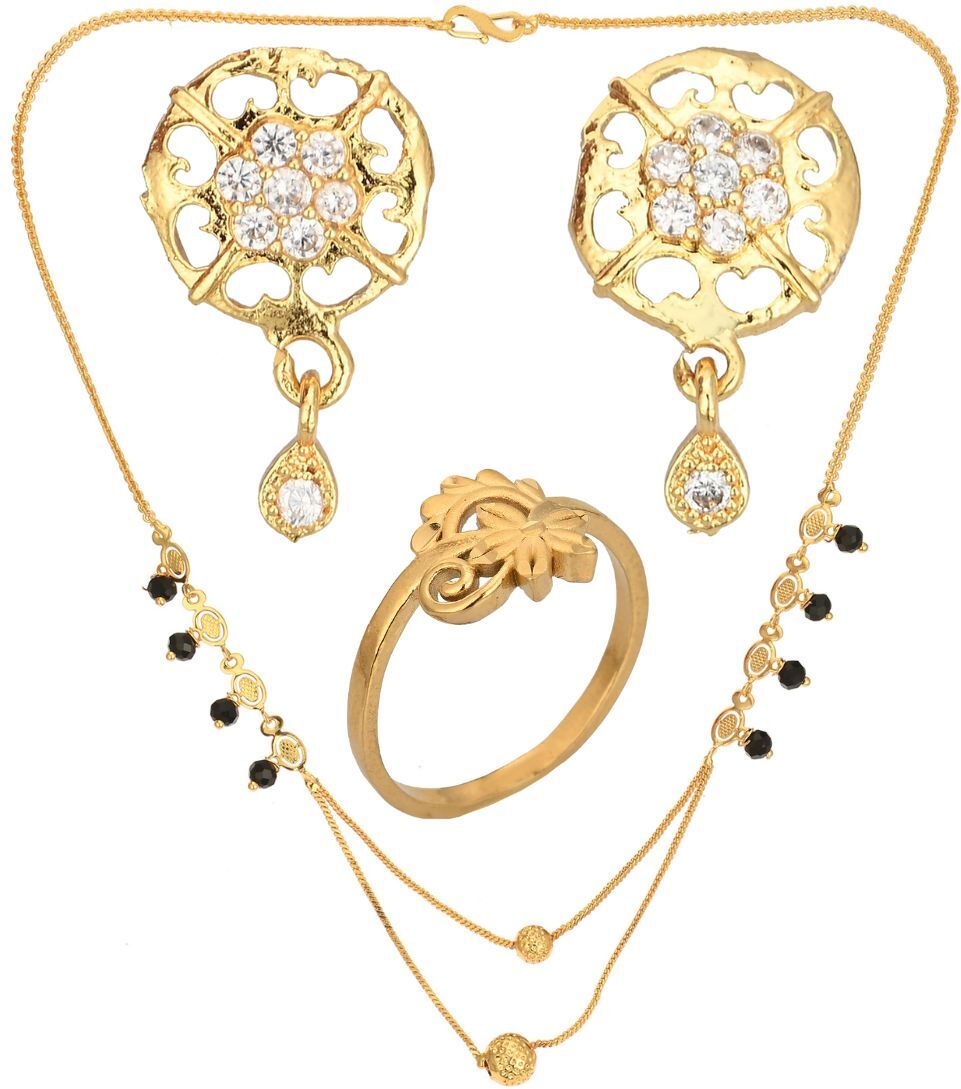 AanyaCentric Gold-Polished Jewelry Combo: Elegant Short Mangalsutra, Finger Ring, and American Diamond Earrings Set
