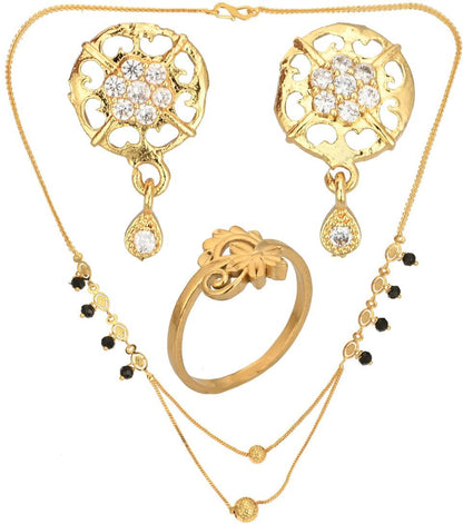 AanyaCentric Gold-Polished Jewelry Combo: Elegant Short Mangalsutra, Finger Ring, and American Diamond Earrings Set